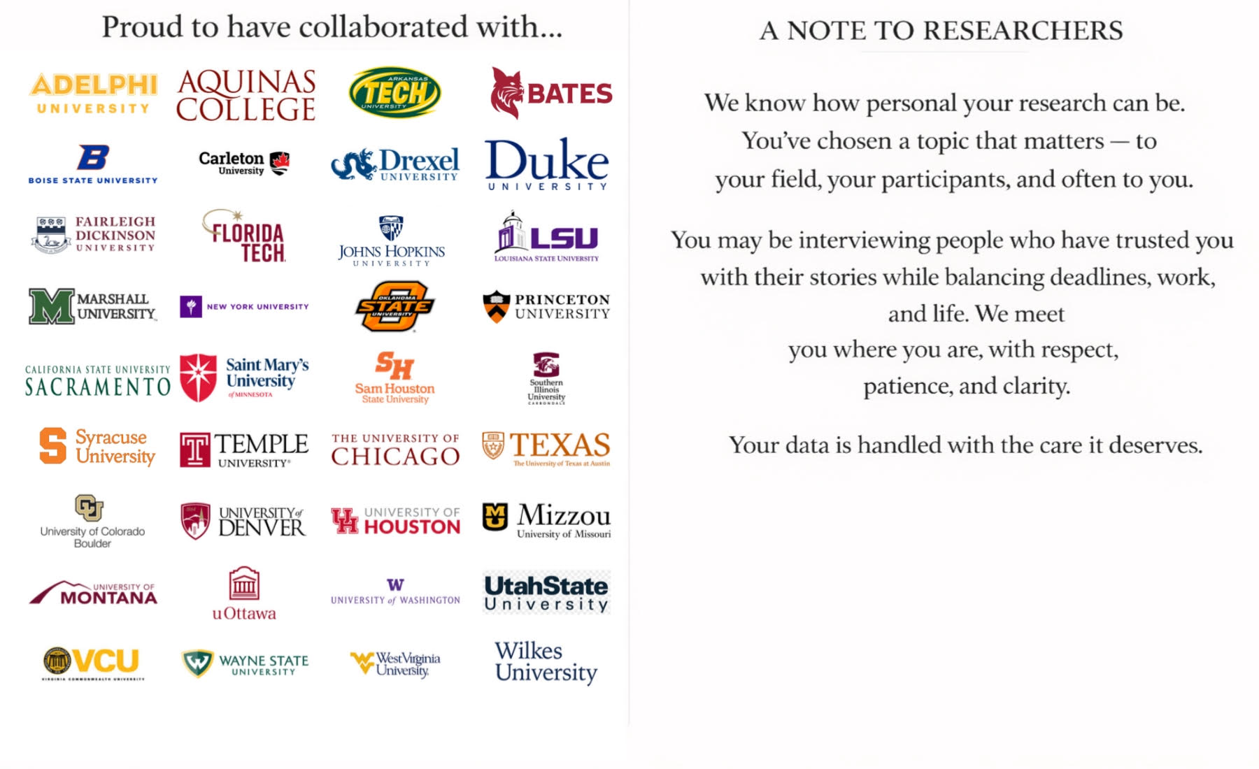 Proud to have collaborated with Adelphi, Duke, Johns Hopkins, Princeton, Temple, Texas and 30 more universities. A note to researchers: We know how personal your research can be. Your data is handled with the care it deserves.